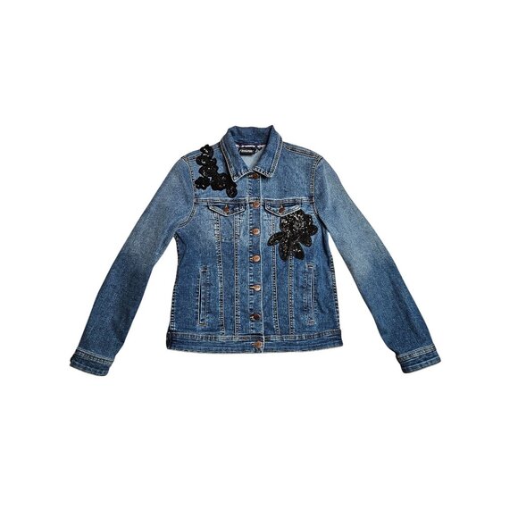 Nanette Lepore Womens XS Denim Button Jacket Black Sequin Floral Streetwear - Picture 4 of 11